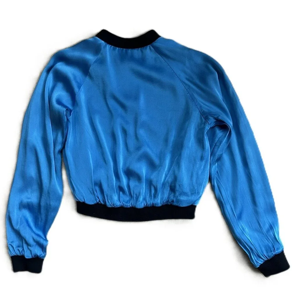 XS women Reversible Jacket Short Moto Style Floral and Blue Satin 2 looks in 1 - Picture 6 of 9